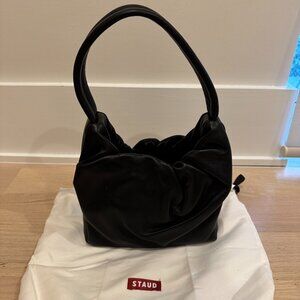 STAUD Felix Ruched Leather Top Handle Bag Black